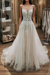 Elegant Long A-line V Neck Spaghetti Straps Lace Tulle Wedding Dress